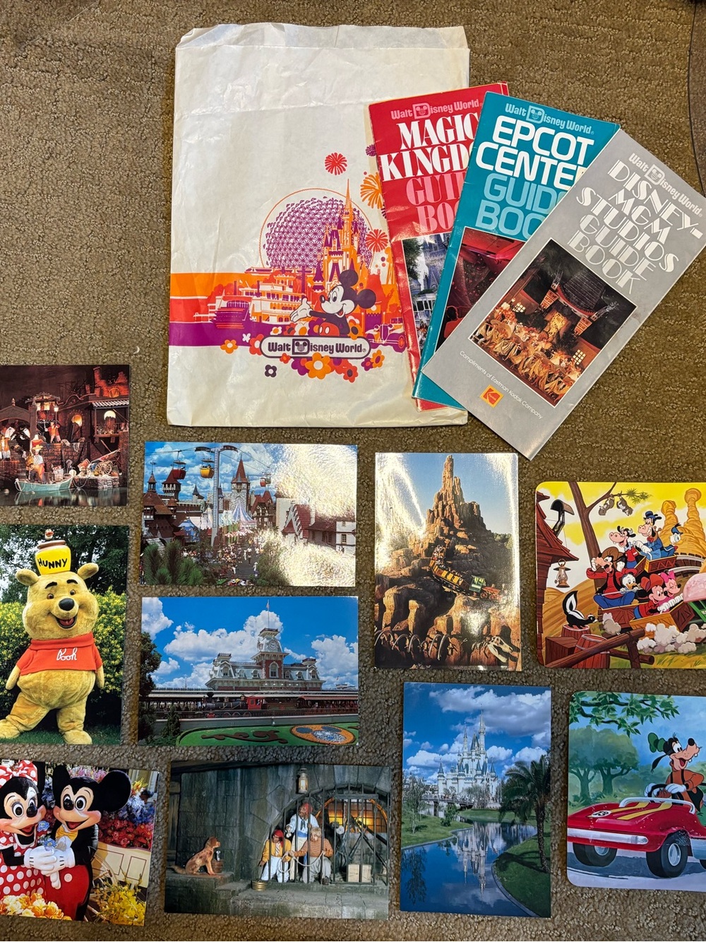 Vintage 1989 Walt Disney World Park Guides and Postcard Set with Vintage Bag